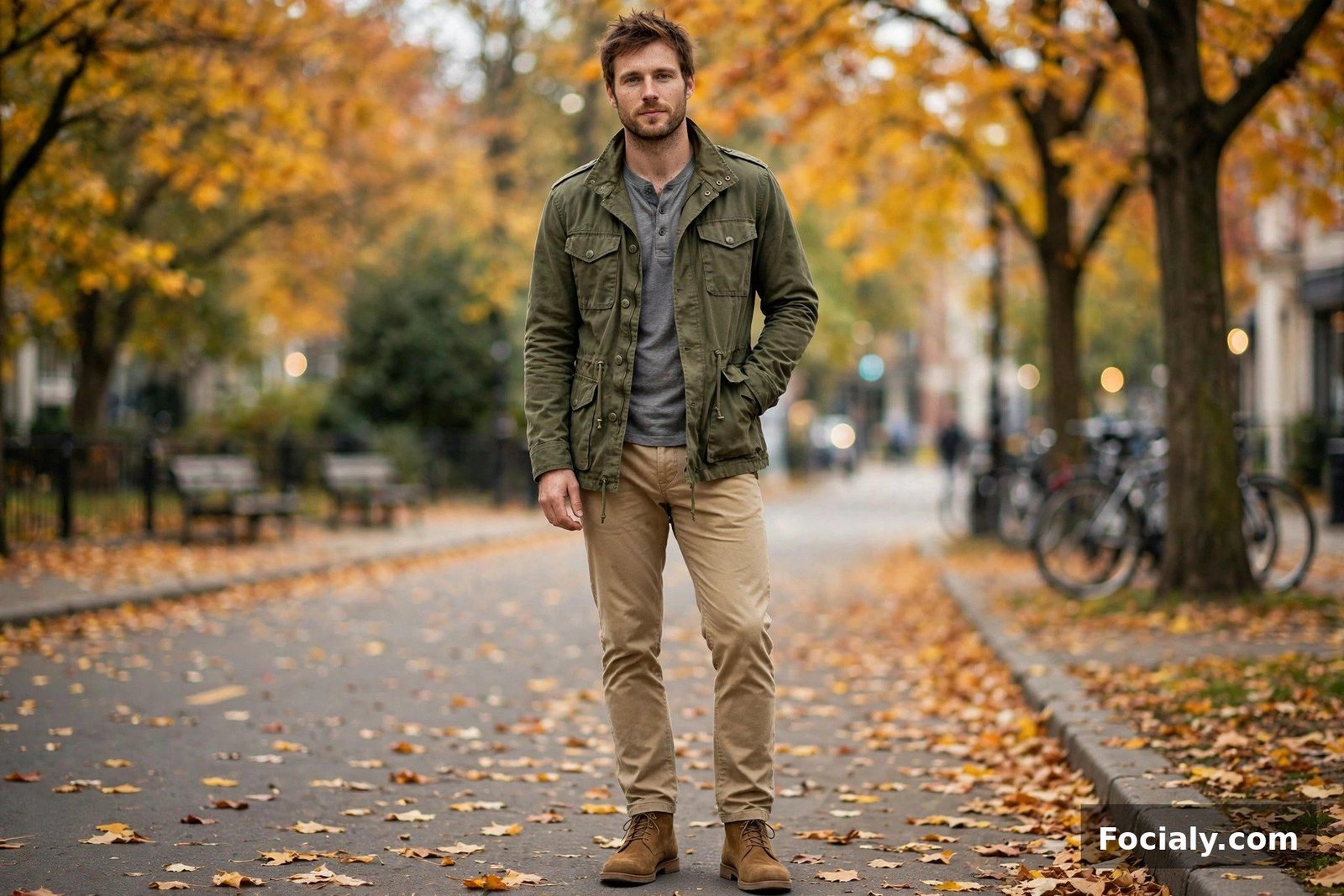 Man wearing an olive field jacket over a grey henley with tan chinos