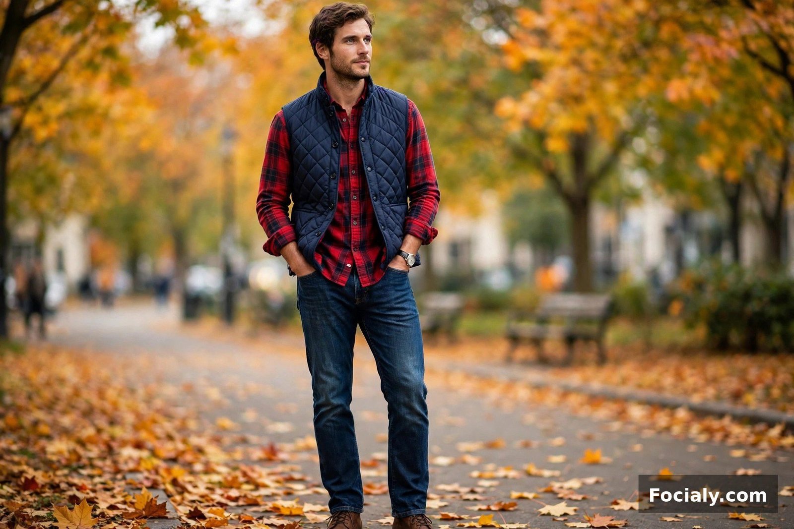 Man wearing a navy quilted vest over a red plaid flannel shirt with jeans