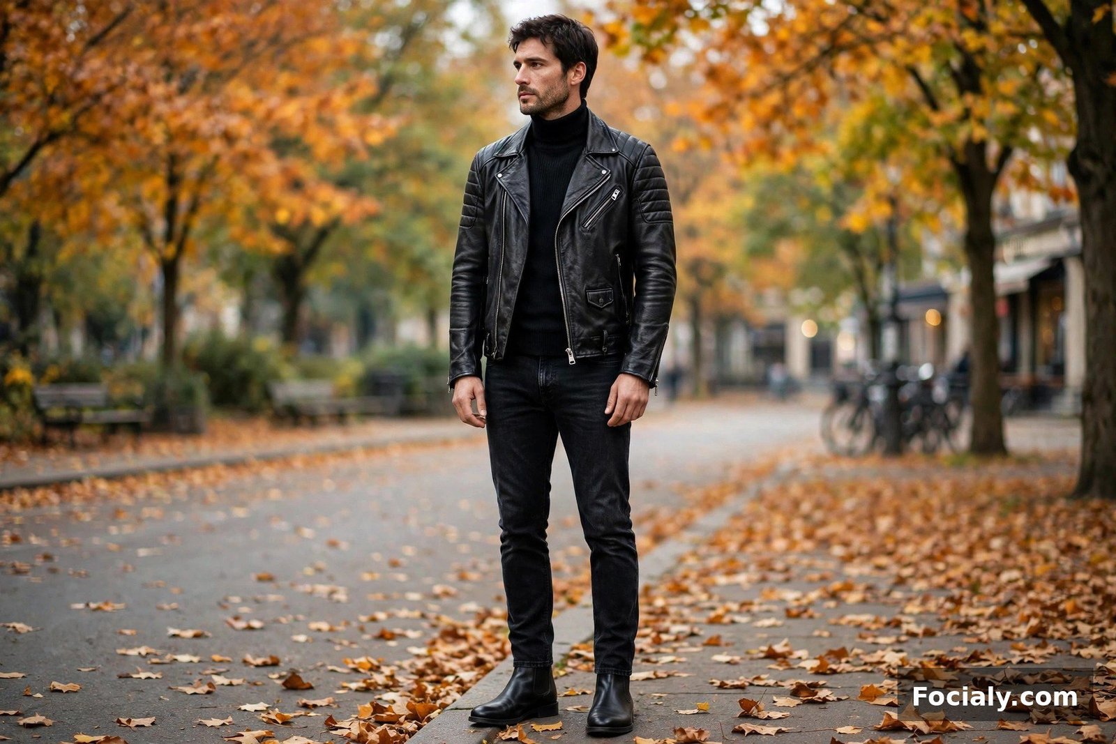 Man in a black leather biker jacket with a black turtleneck and dark jeans