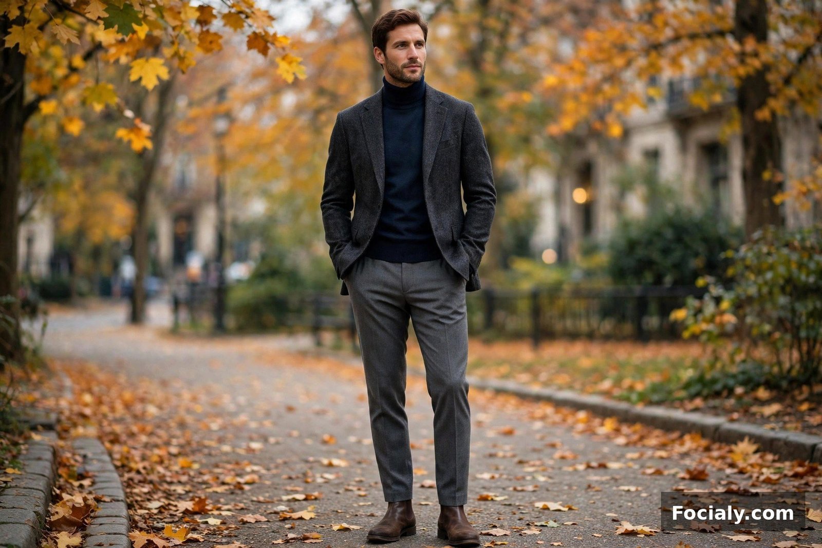Man wearing a charcoal wool blazer over a navy turtleneck with grey trousers