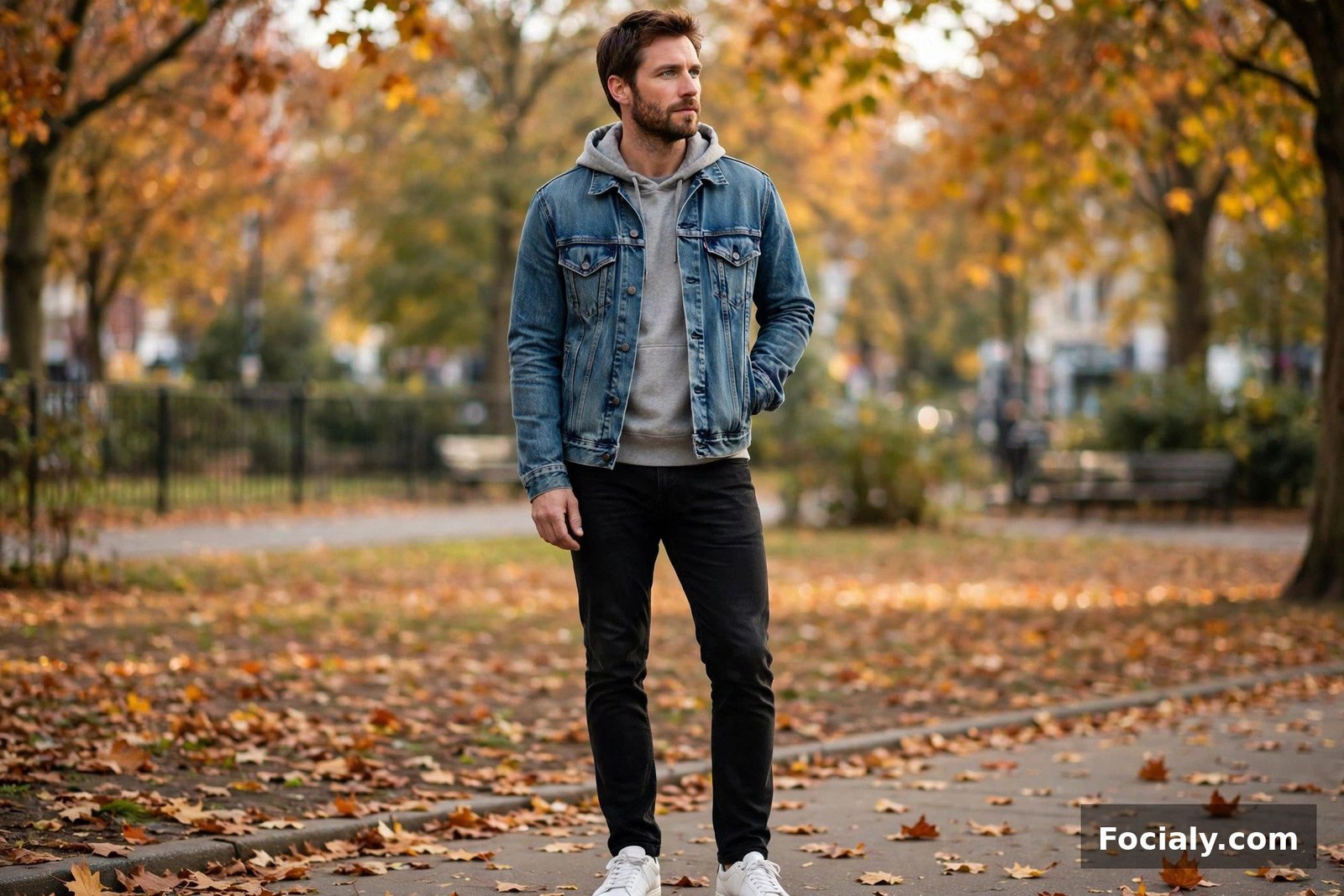 Man wearing a medium-wash denim jacket over a grey hoodie with black jeans
