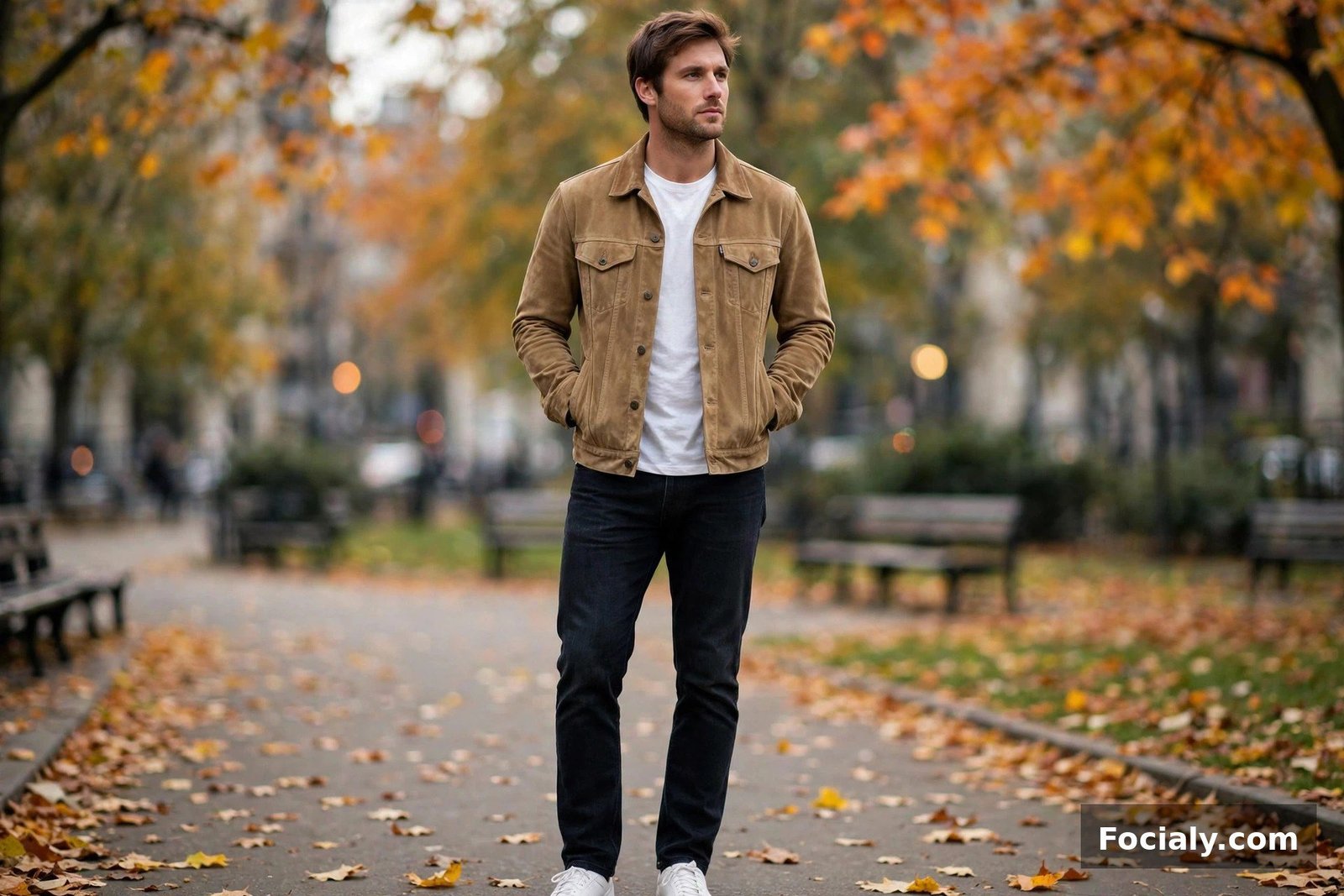 Man in a tan suede trucker jacket with a white t-shirt and dark jeans