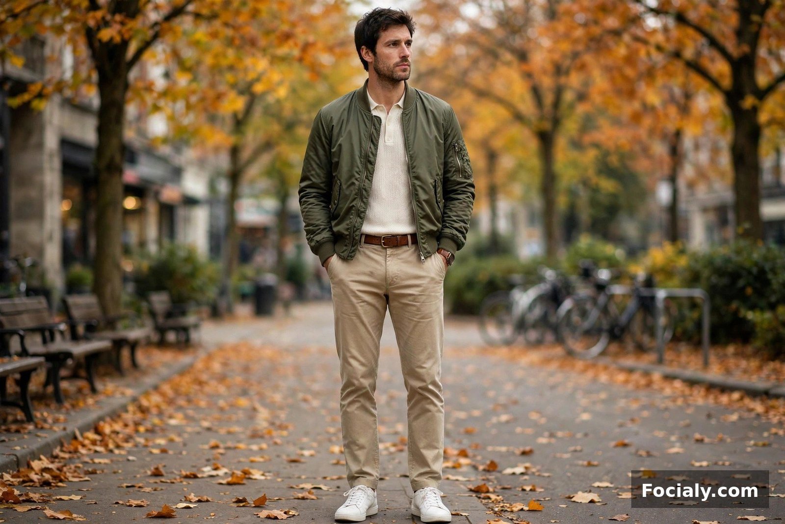 Man wearing an olive bomber jacket over a cream knit polo with chinos