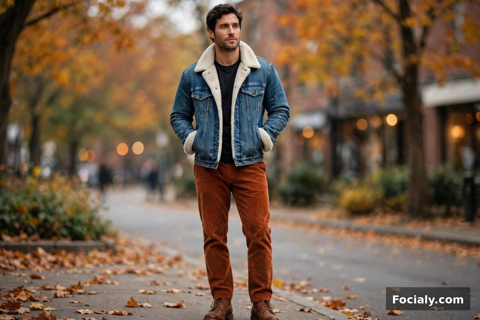 Man in a shearling-lined denim jacket with rust corduroy pants and boots