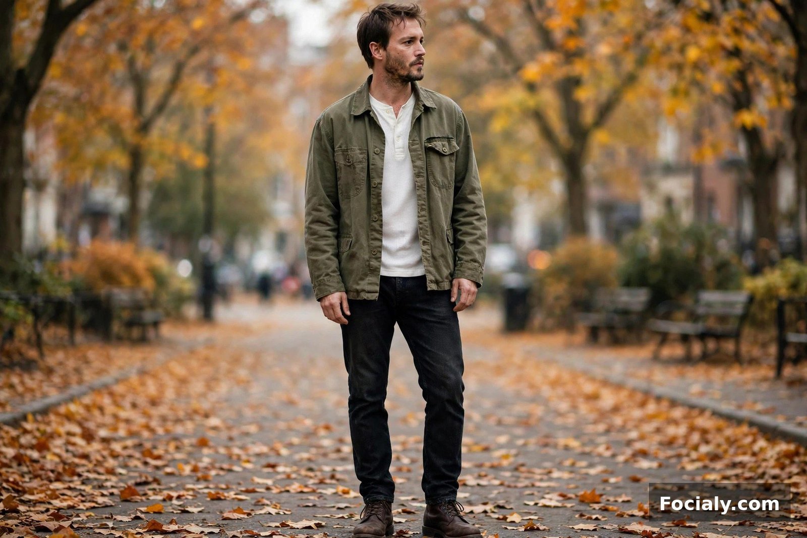 Man wearing an olive overshirt over a white thermal with dark jeans and boots