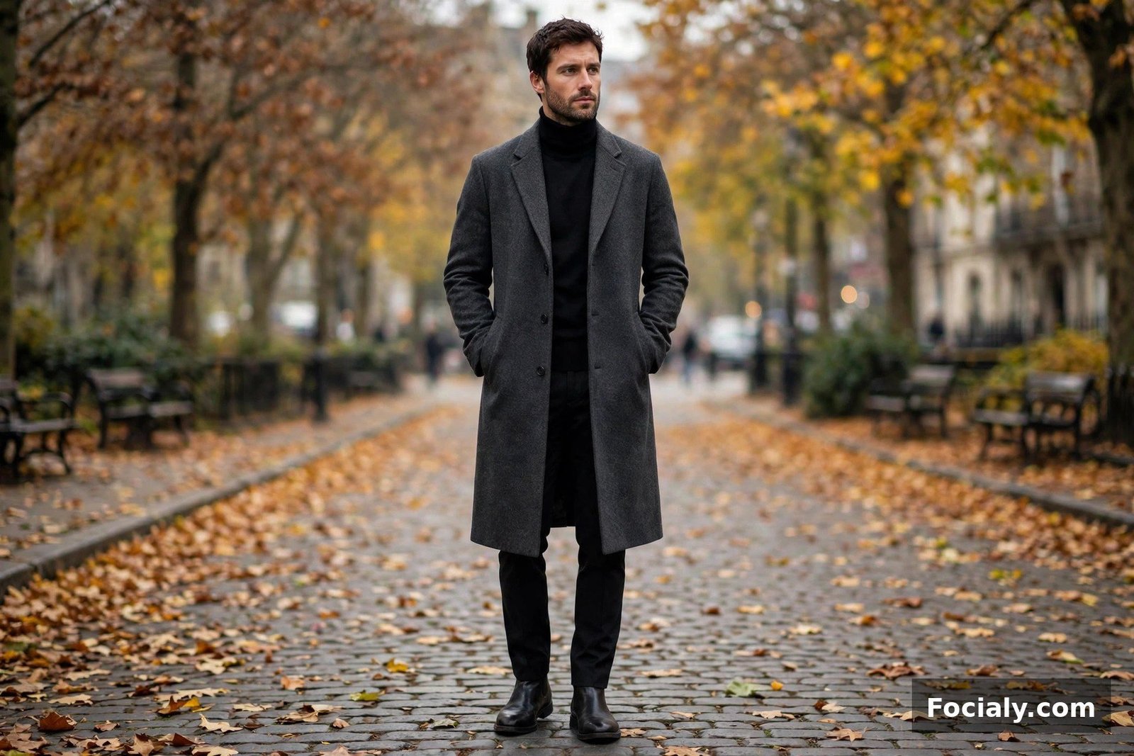 Man in a black turtleneck under a charcoal wool overcoat with black trousers