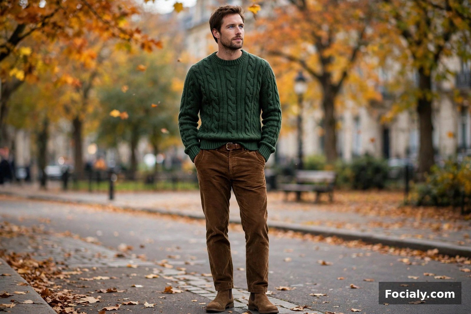 Man wearing brown corduroy pants with a forest green cable-knit sweater