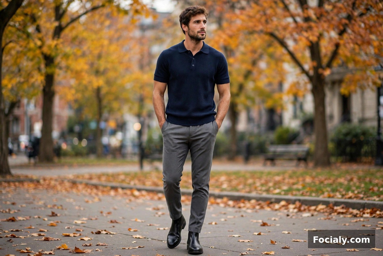 Man wearing black Chelsea boots with slim grey trousers and a navy knit polo