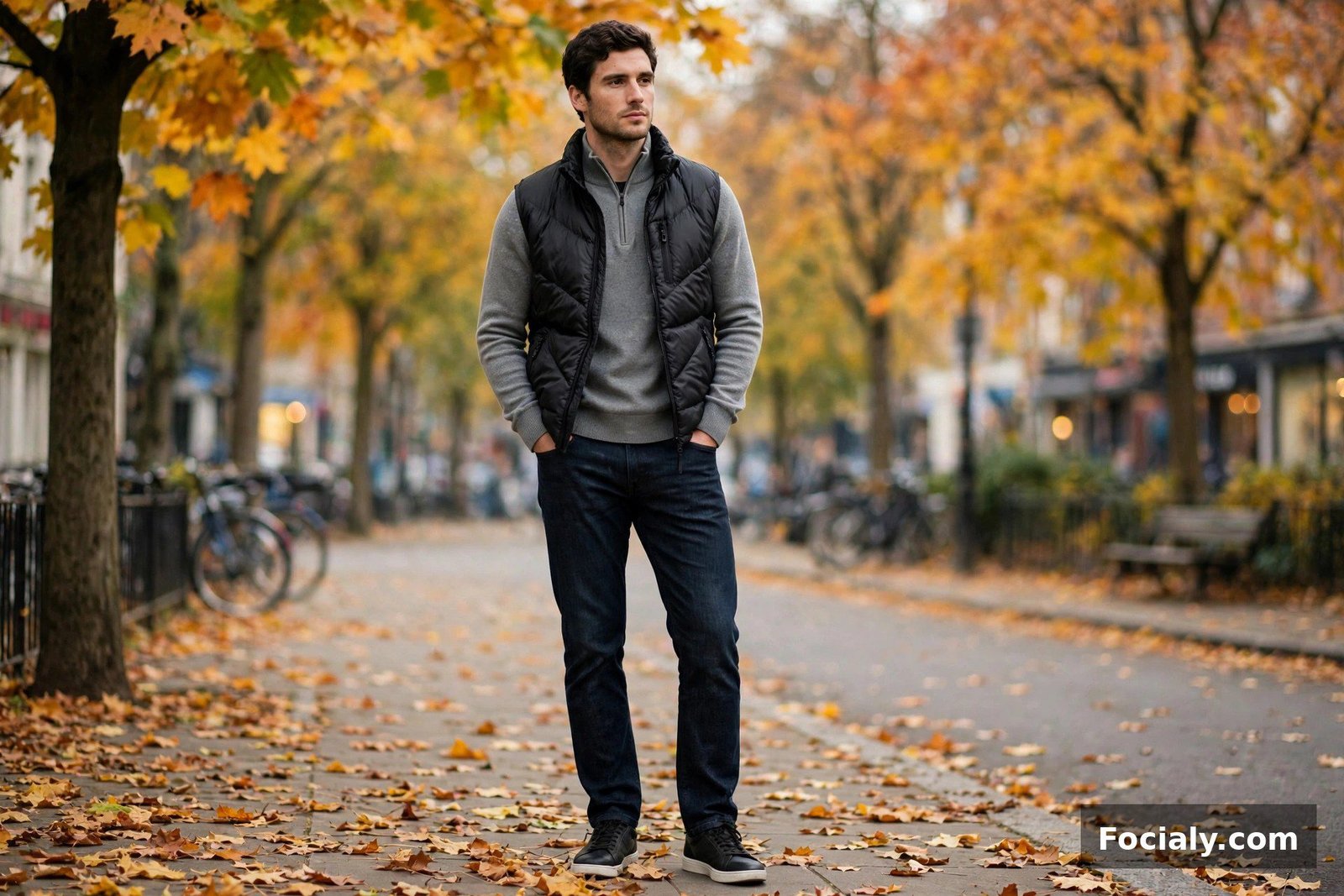 Man wearing a black puffer vest over a grey quarter-zip sweater with dark jeans
