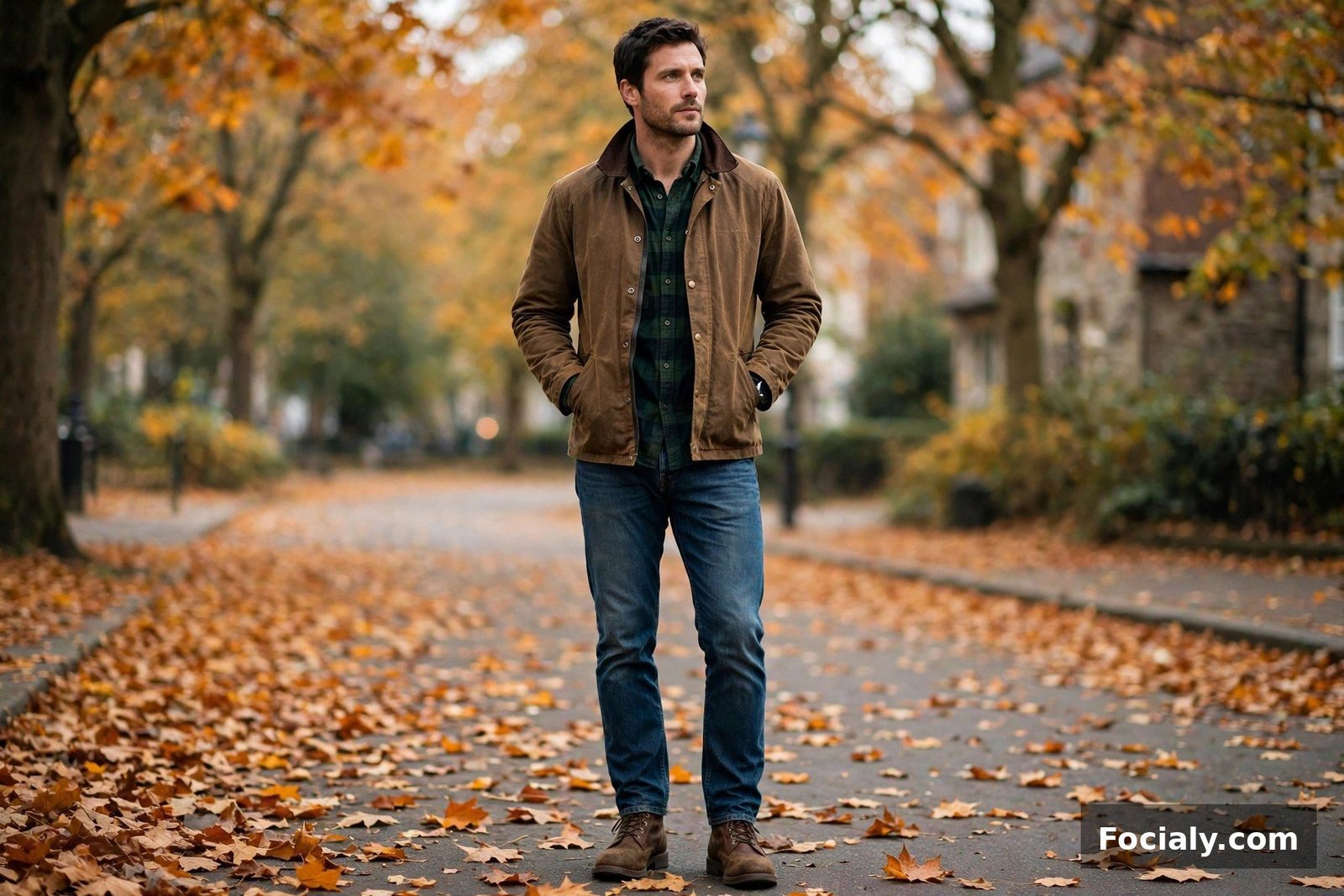 Man in a dark green flannel shirt under a brown waxed canvas jacket with jeans