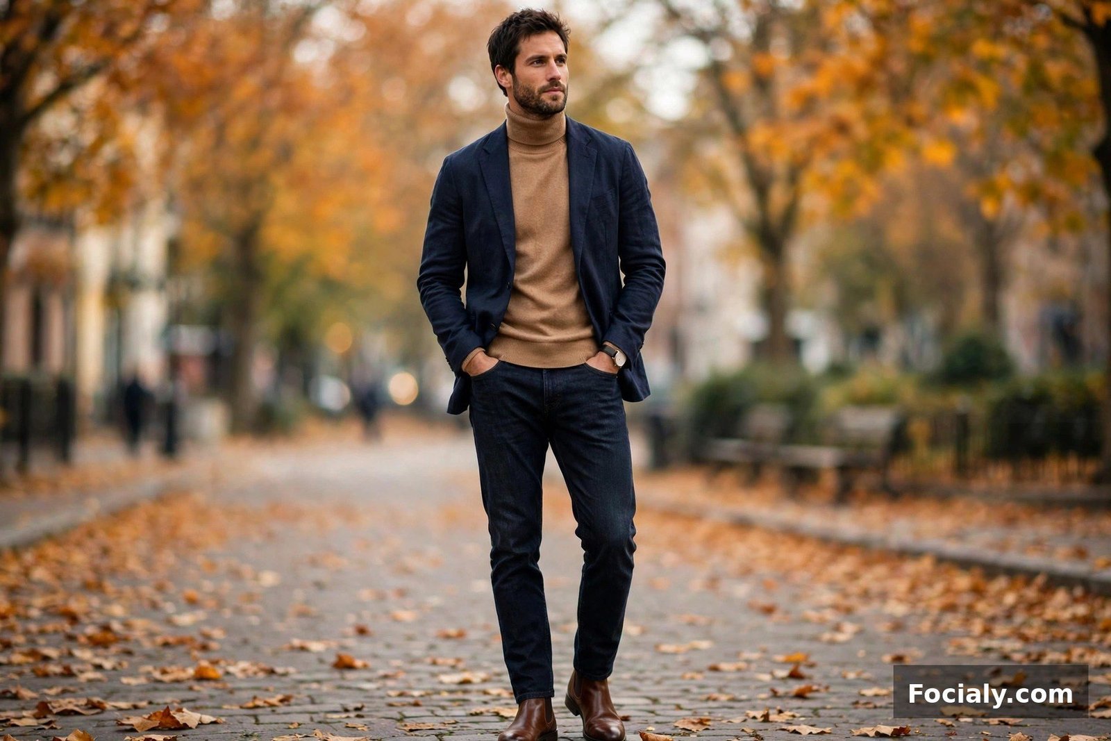 Man wearing a camel turtleneck under a navy unstructured blazer with dark jeans