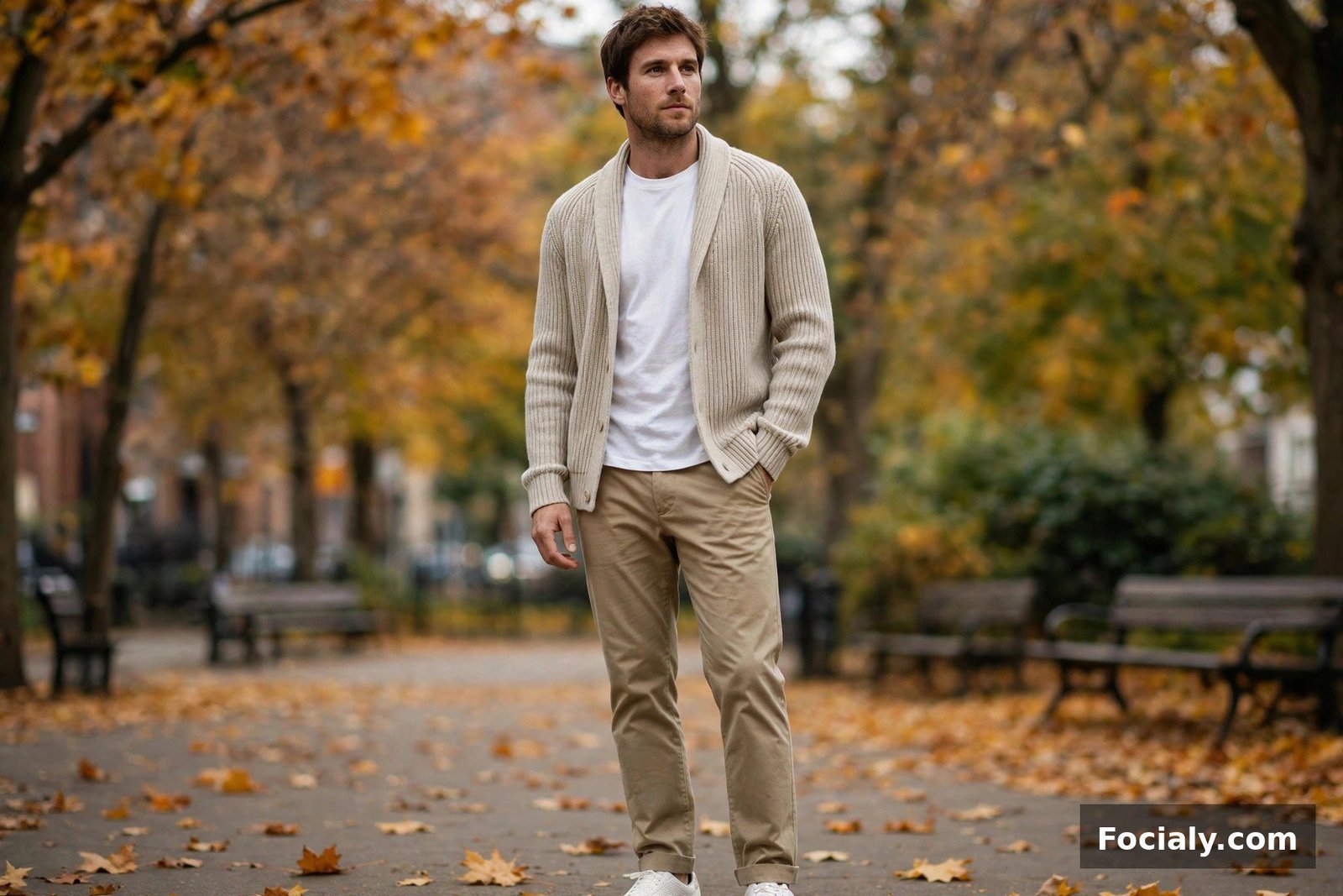 Man wearing an open ribbed oatmeal cardigan over a white t-shirt with khaki chinos