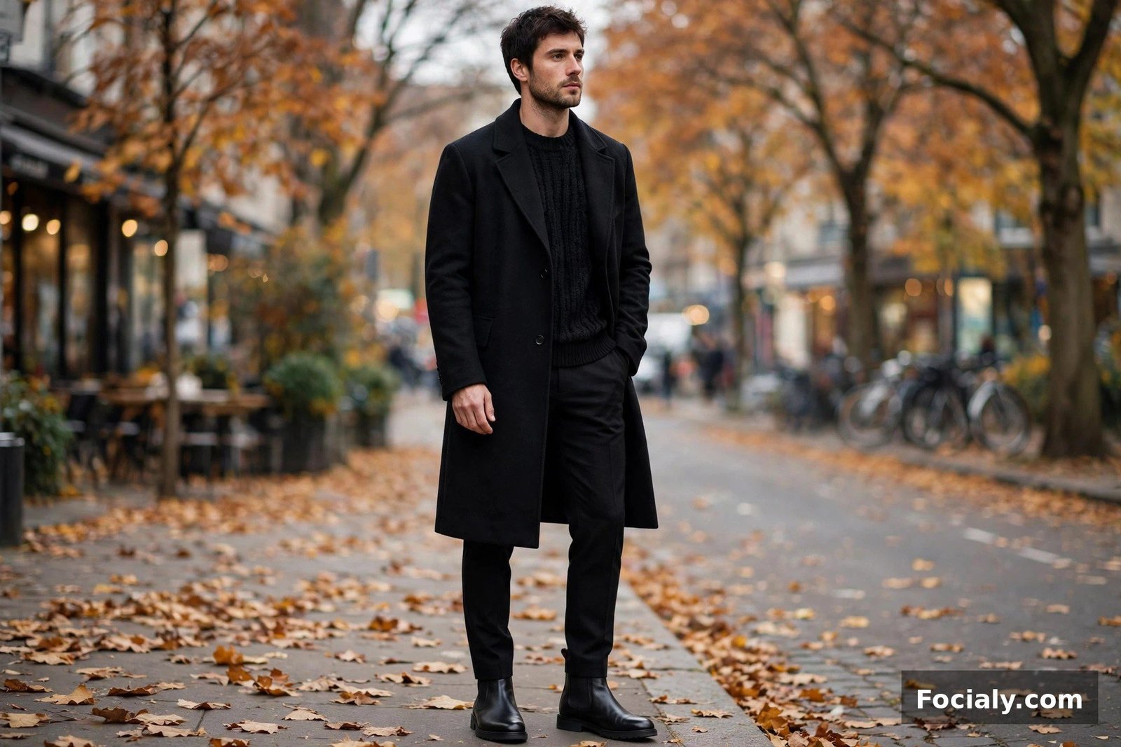 Man in an all-black fall outfit with a black coat, black knit and black boots on a city street