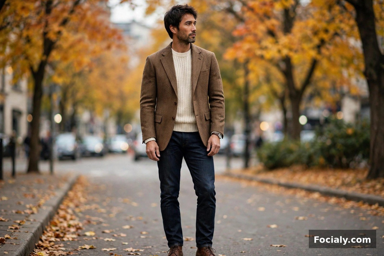 Man wearing a brown herringbone blazer with dark jeans and a cream sweater