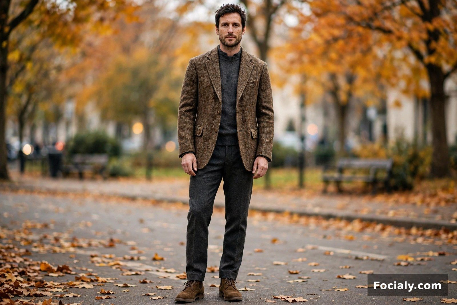 Man in a tweed sport coat over a charcoal roll-neck sweater with wool trousers