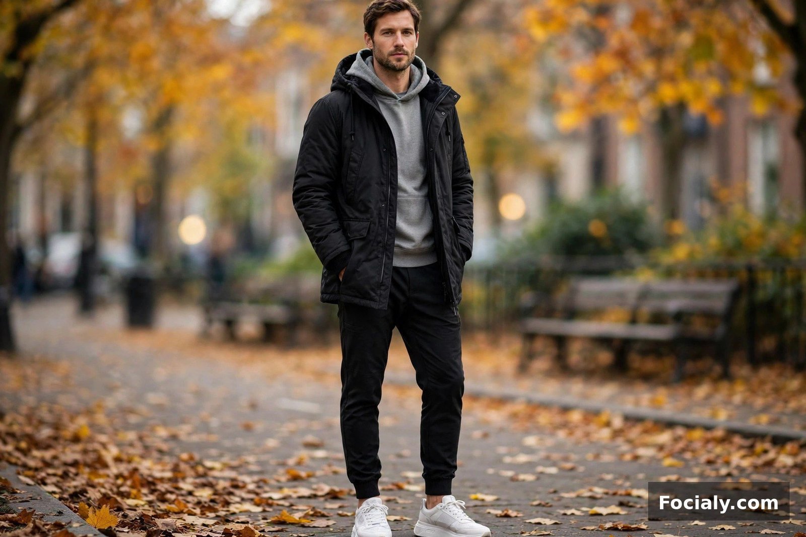 Man wearing a black parka over a grey hoodie with tailored black joggers and sneakers