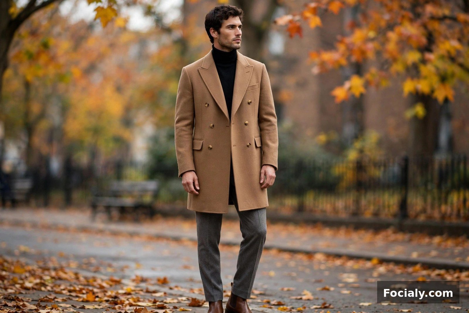 Man in a double-breasted camel wool coat over a turtleneck with tailored trousers