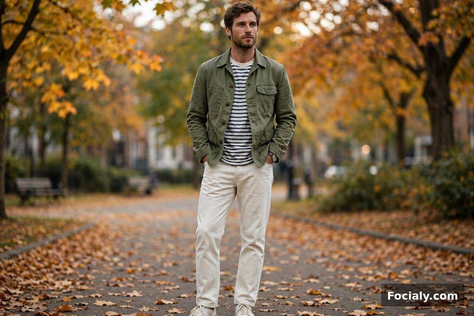 Man wearing a green chore jacket over a striped Breton t-shirt with ecru jeans