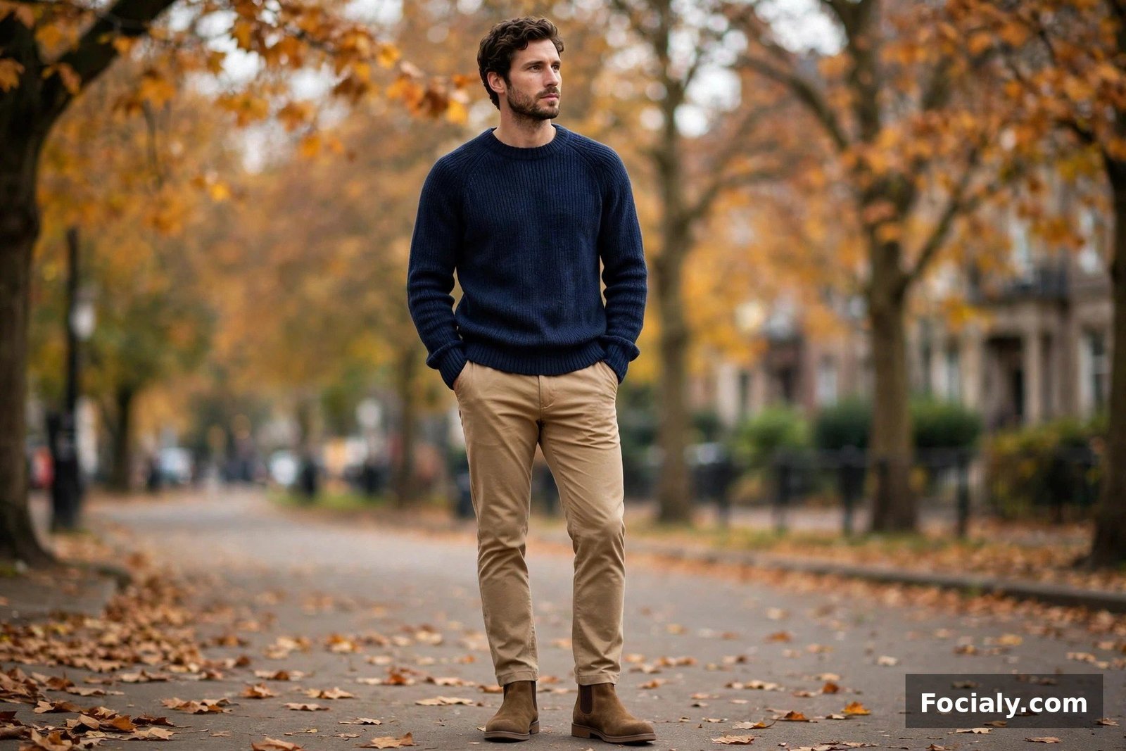 Man wearing brown suede Chelsea boots with tan chinos and a navy sweater