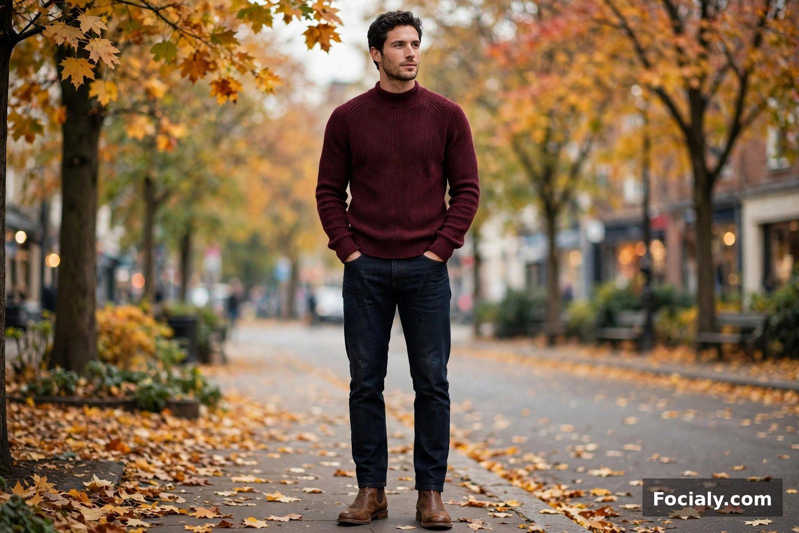 Man in a burgundy mock neck sweater with dark denim jeans and brown boots