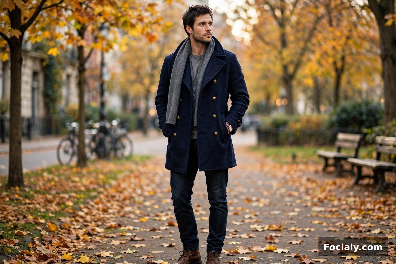 Man wearing a navy wool peacoat with a grey wool scarf and dark jeans