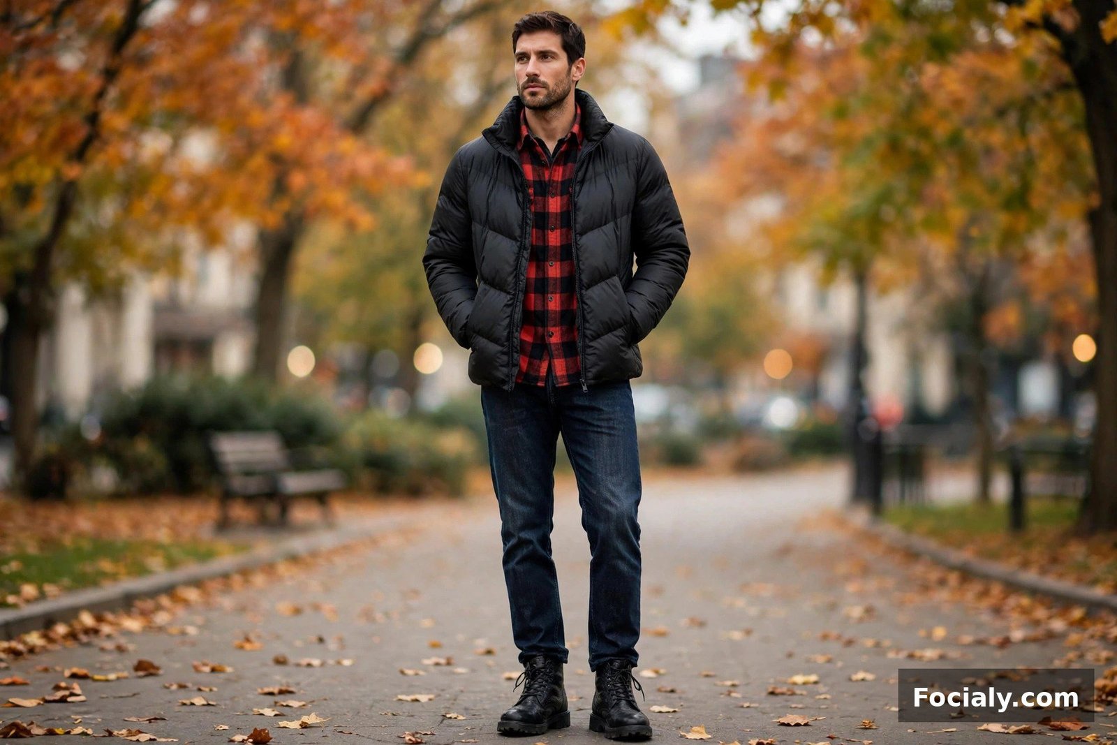 Man in a buffalo plaid flannel under a black puffer jacket with jeans and boots
