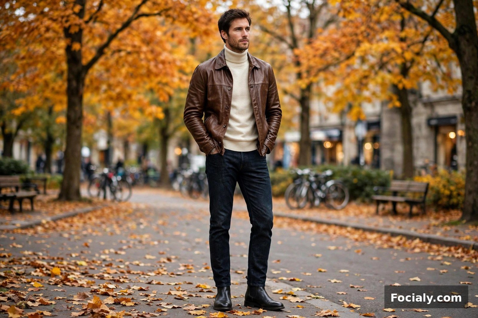 Man wearing a brown leather jacket over a cream turtleneck with dark jeans