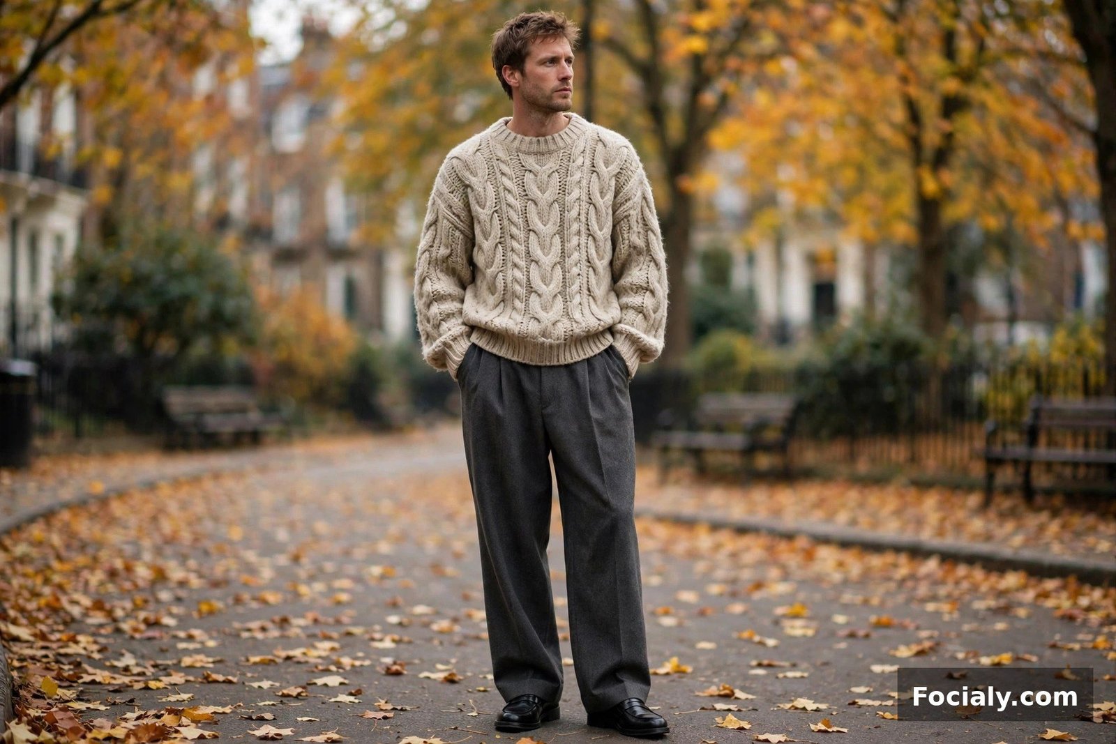 Man in an oversized oatmeal knit sweater with wide-leg charcoal trousers and loafers