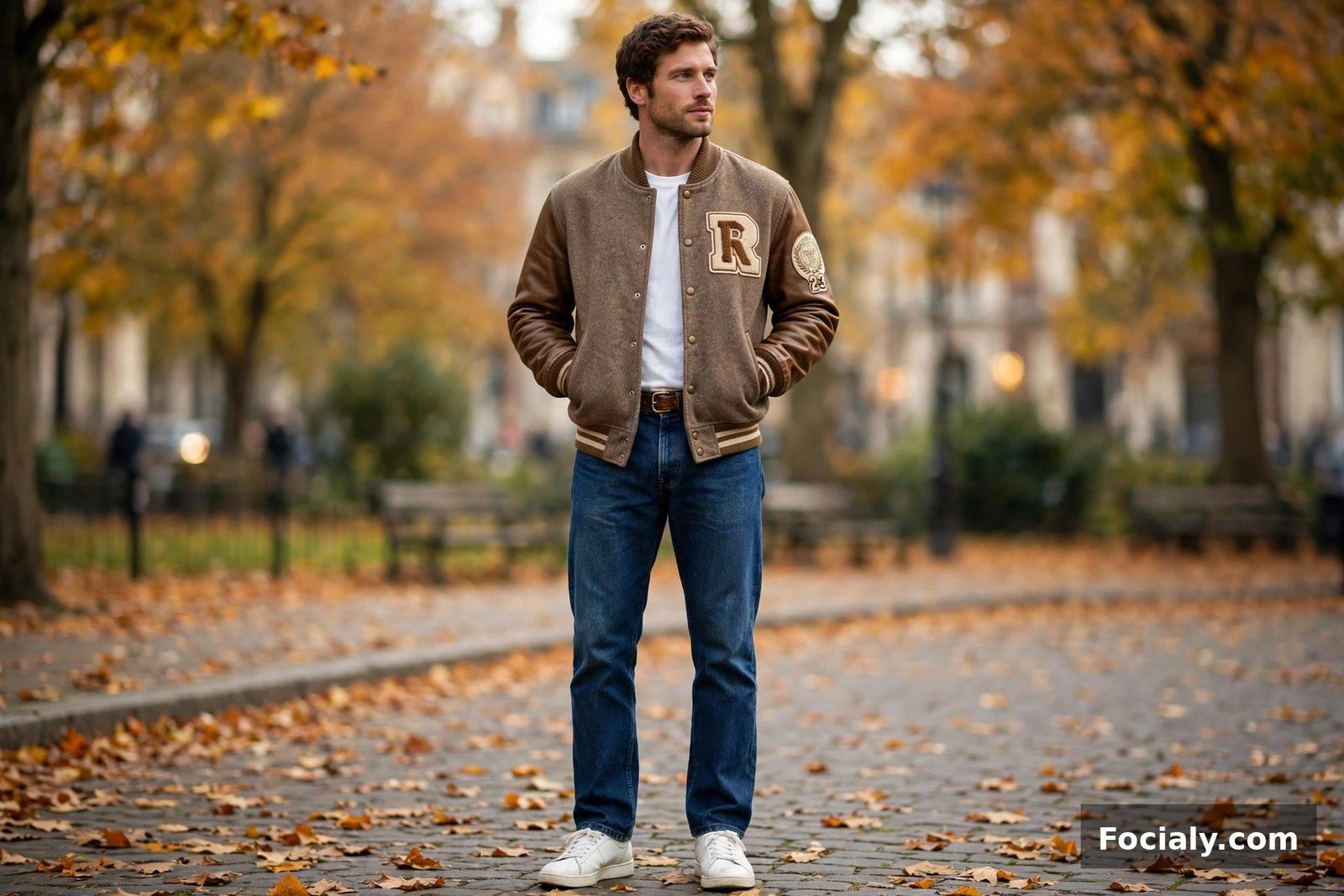 Man wearing a retro wool varsity jacket with jeans and white sneakers