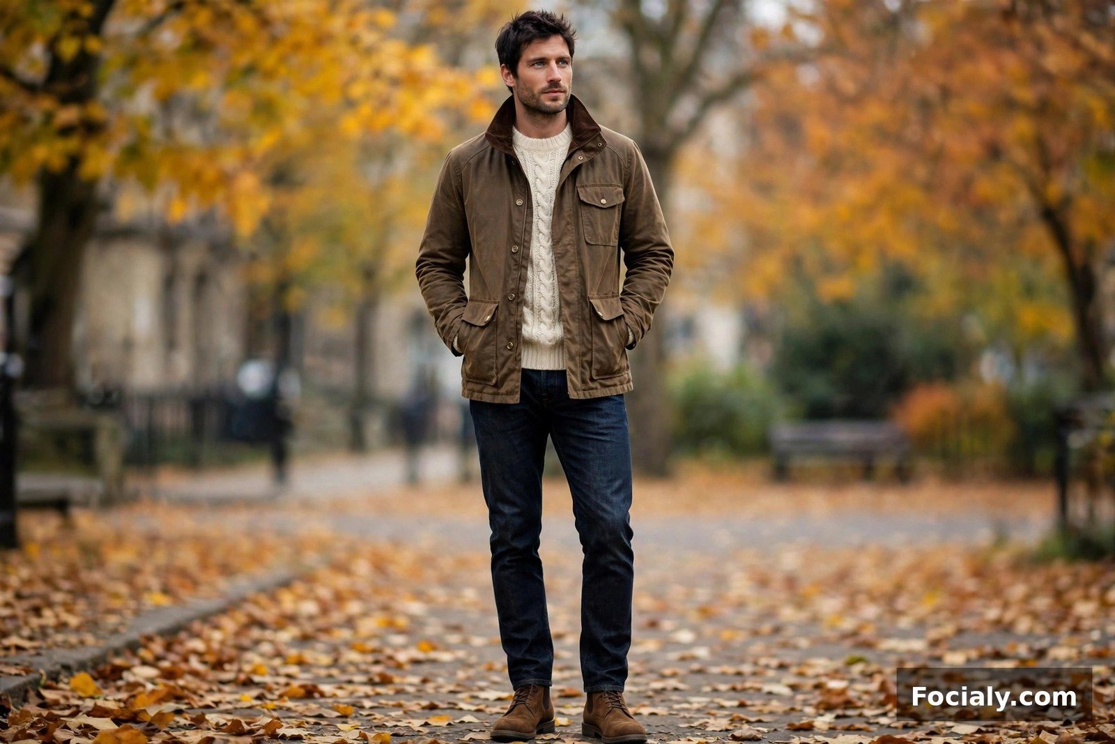 Man in a brown waxed field jacket over a cream Aran knit with dark jeans