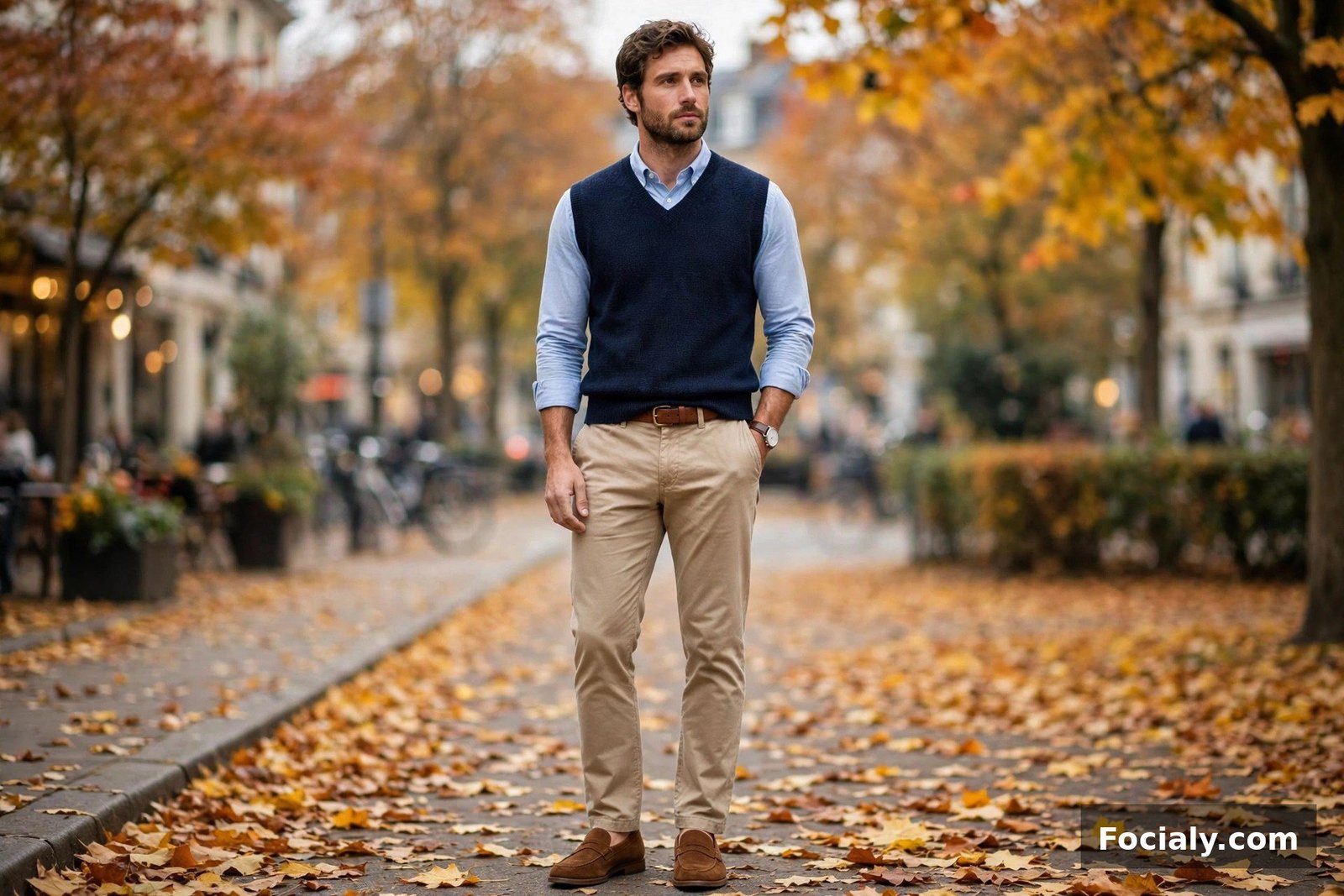 Man wearing a navy sweater vest over a light blue oxford shirt with chinos