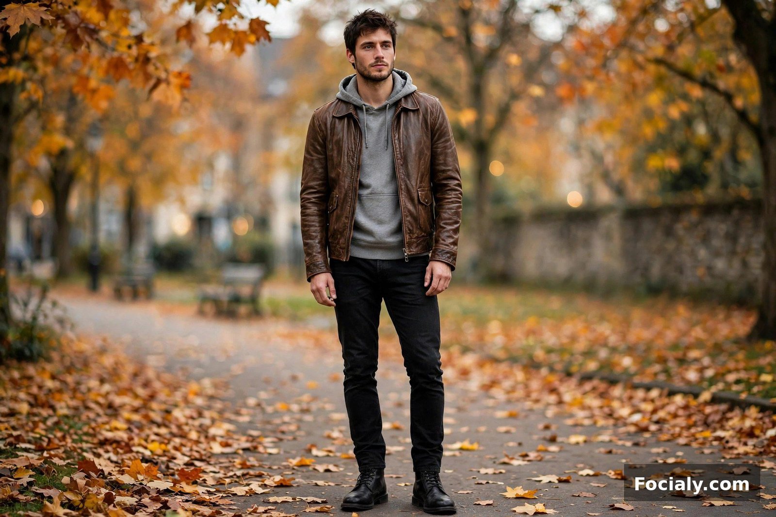 Man in a brown leather jacket layered over a grey hoodie with black jeans and boots