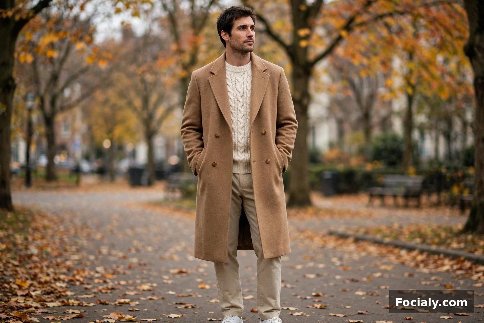 Man in a camel overcoat over a cream knit sweater with beige trousers