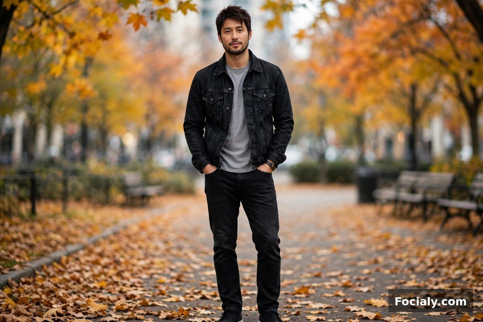 Man wearing a black denim jacket with black jeans and a grey t-shirt