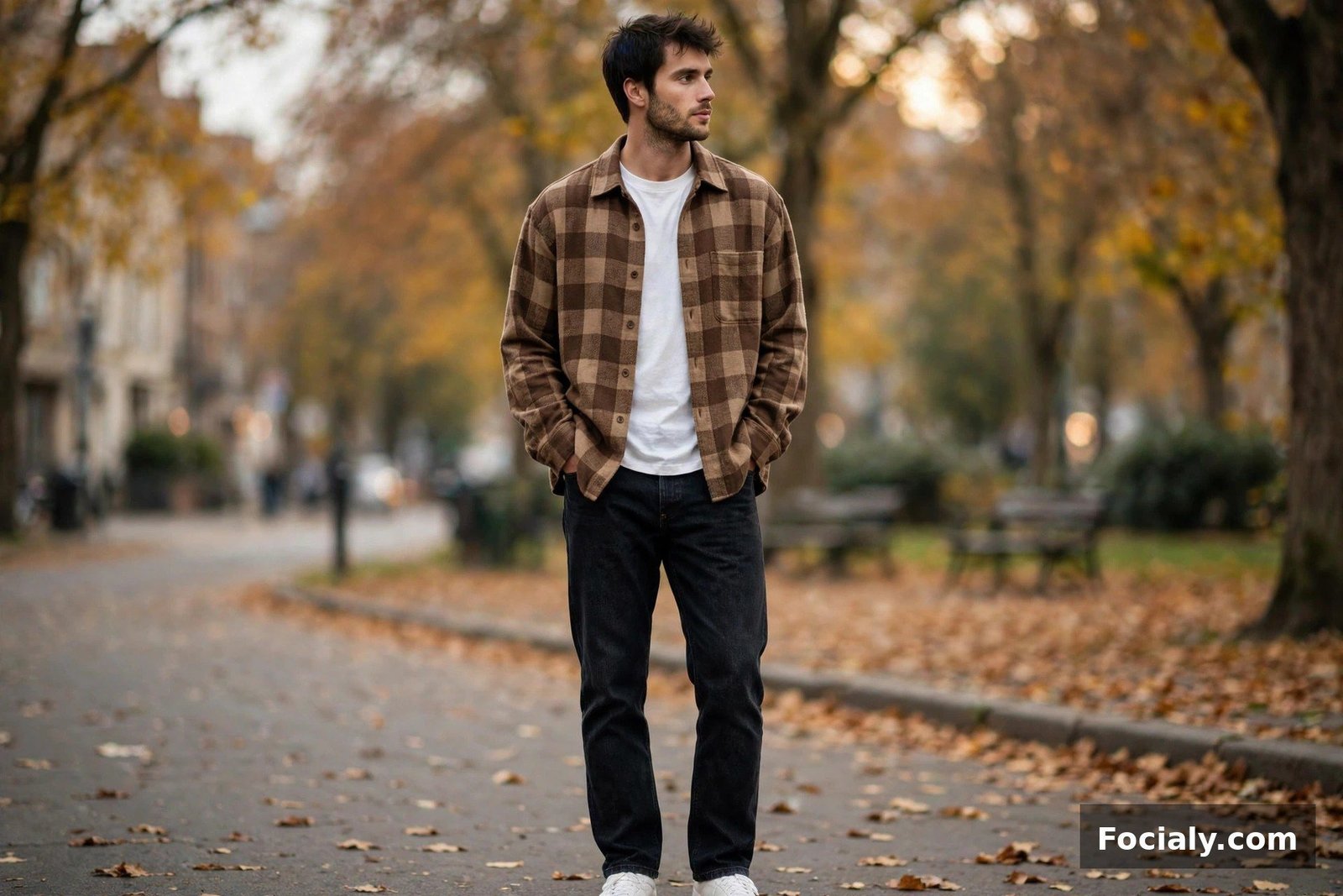 Man in a brown checkered overshirt over a white t-shirt with dark jeans