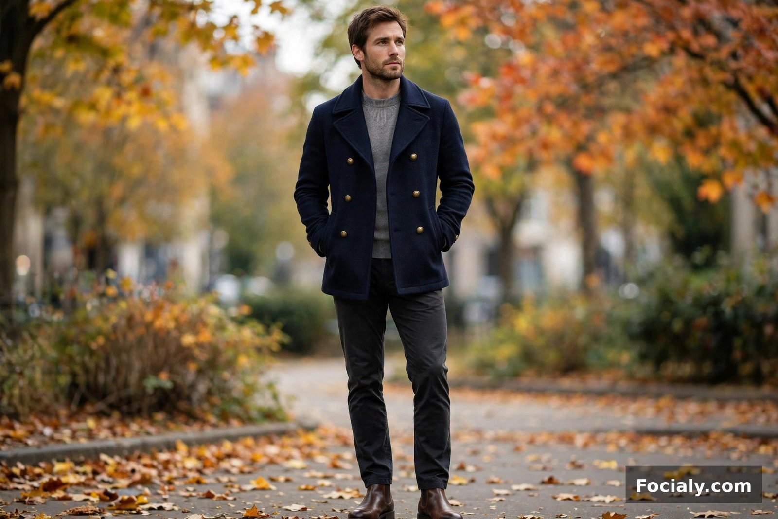 Man wearing a navy peacoat over a grey crew-neck sweater with dark chinos