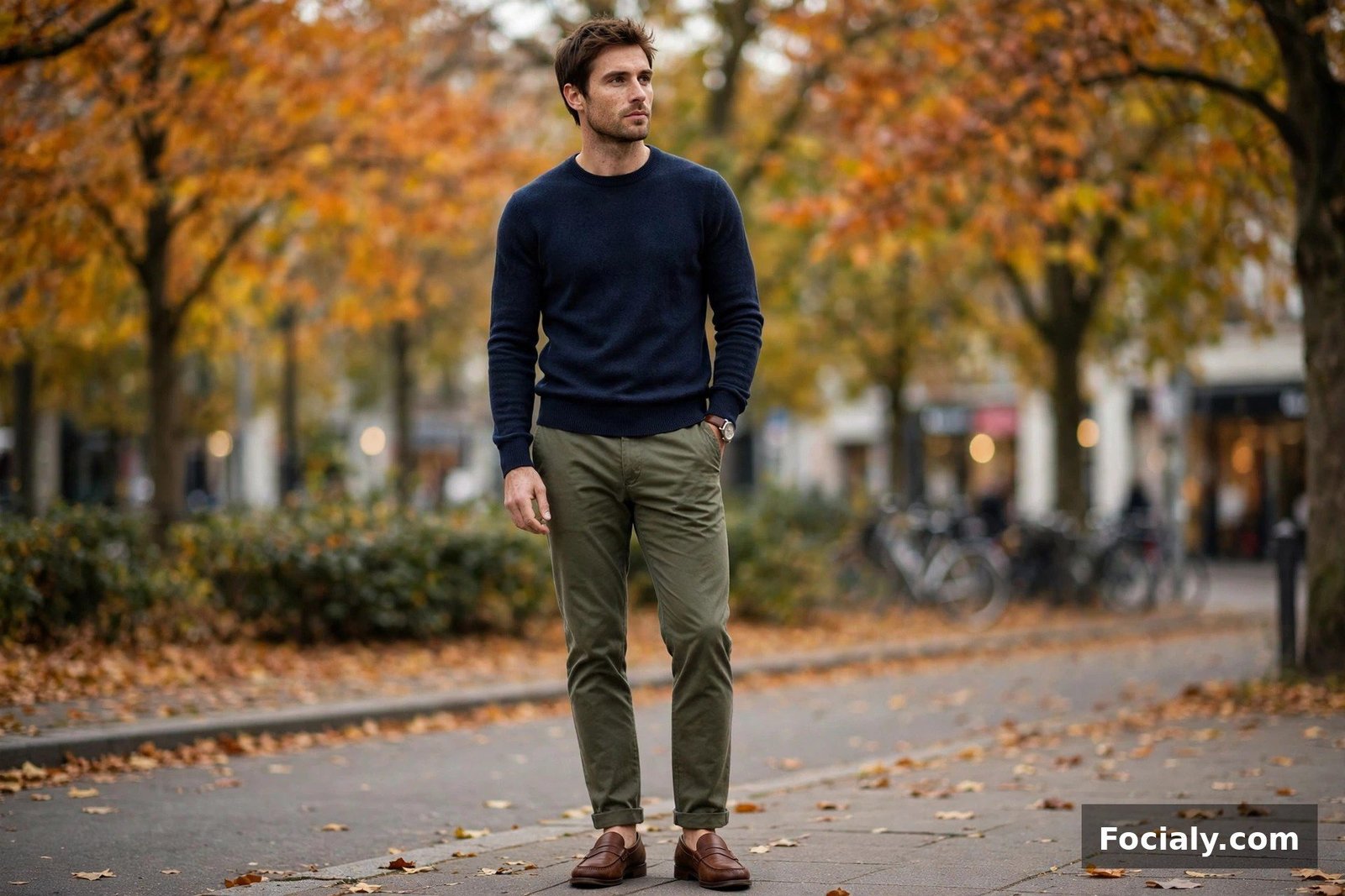 Man in a navy merino crew-neck sweater with olive chinos and brown loafers
