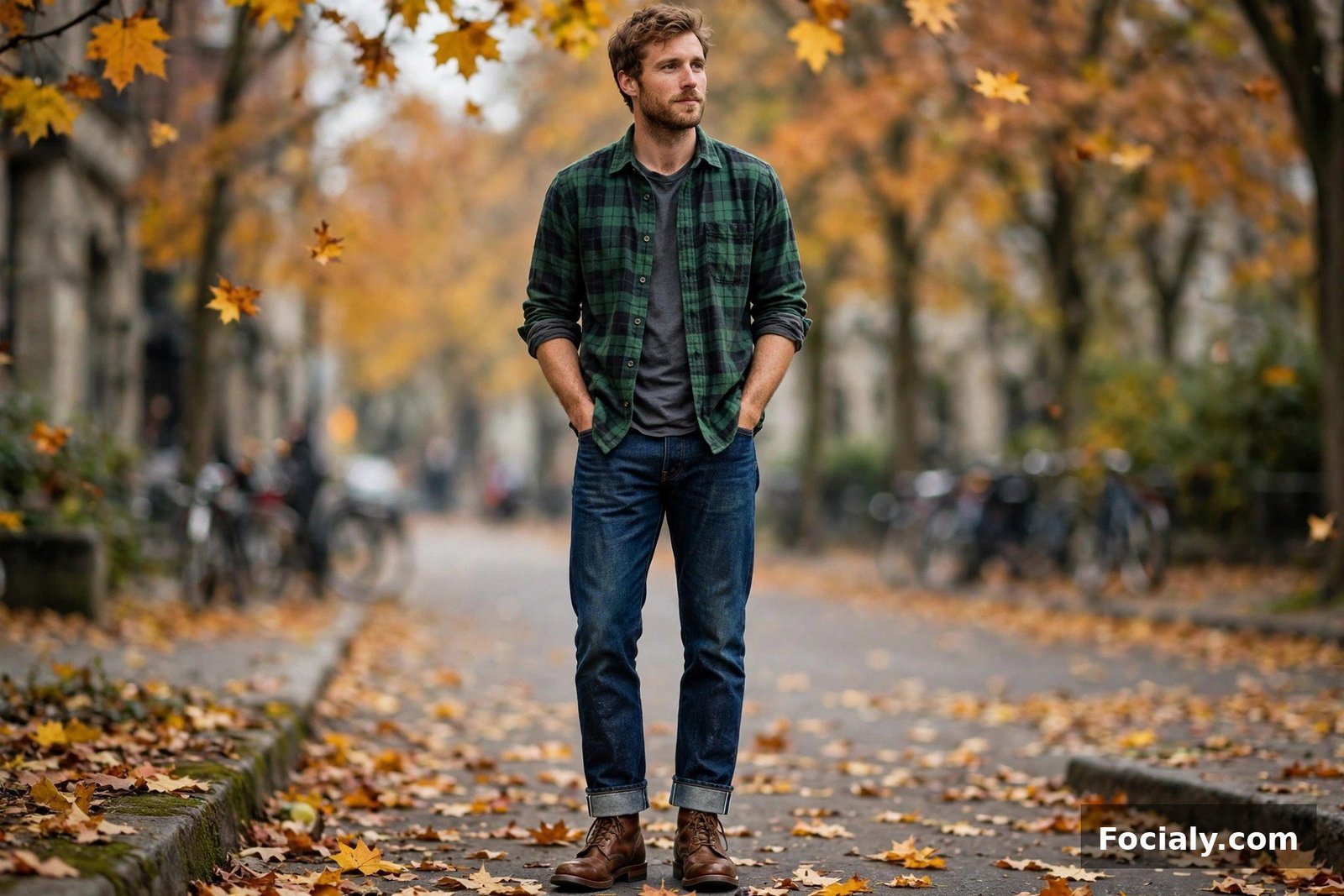 Man wearing brown leather boots with selvedge denim jeans and a green flannel shirt
