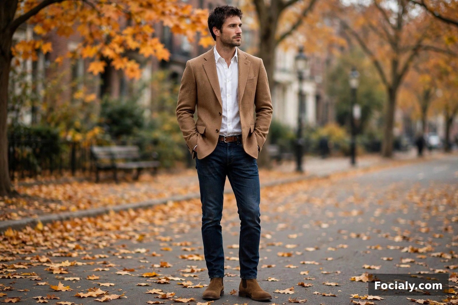 Man in a camel hair blazer with dark jeans and a white oxford shirt