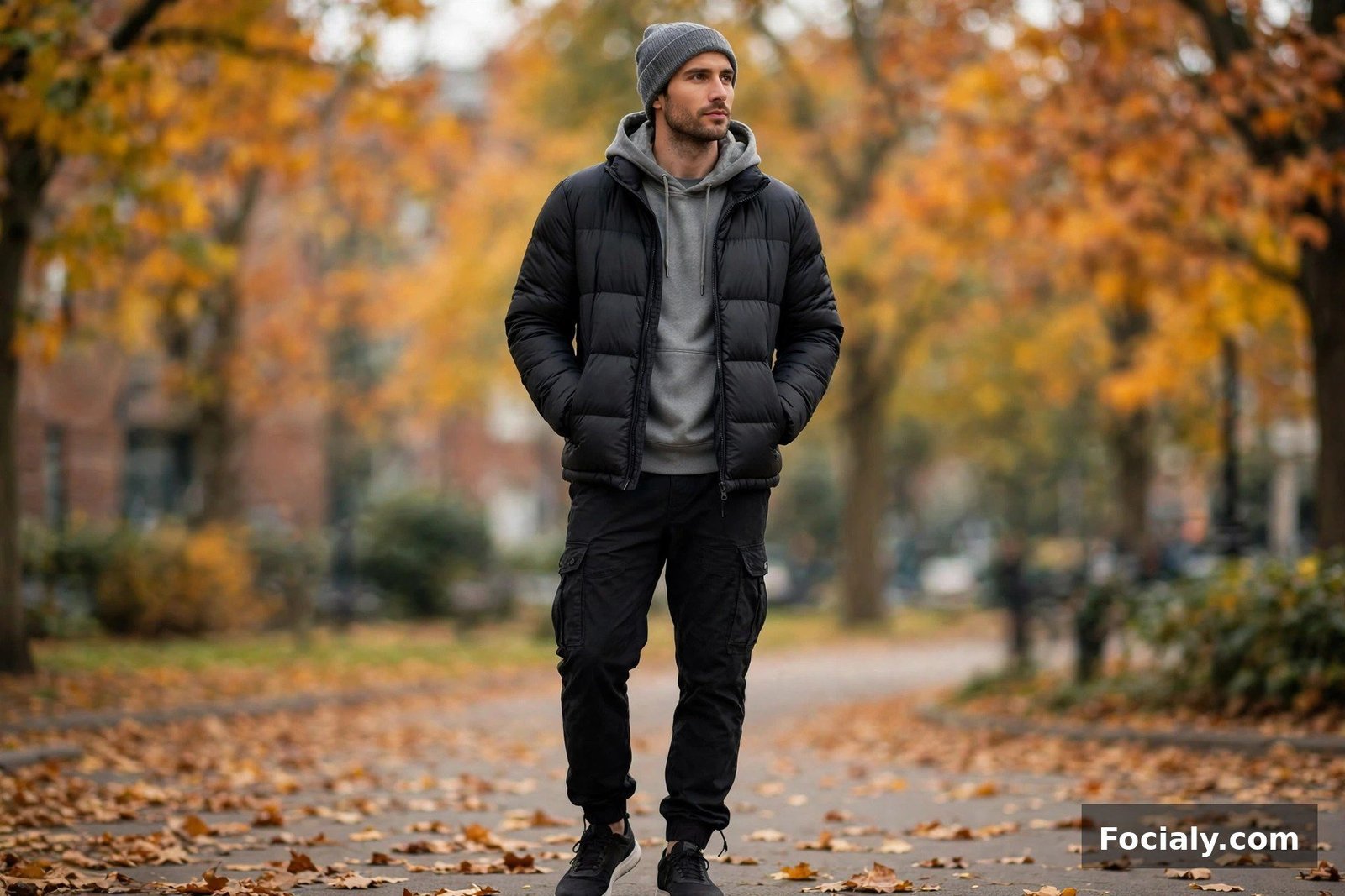 Man wearing a black puffer jacket with a grey beanie, hoodie and cargo pants