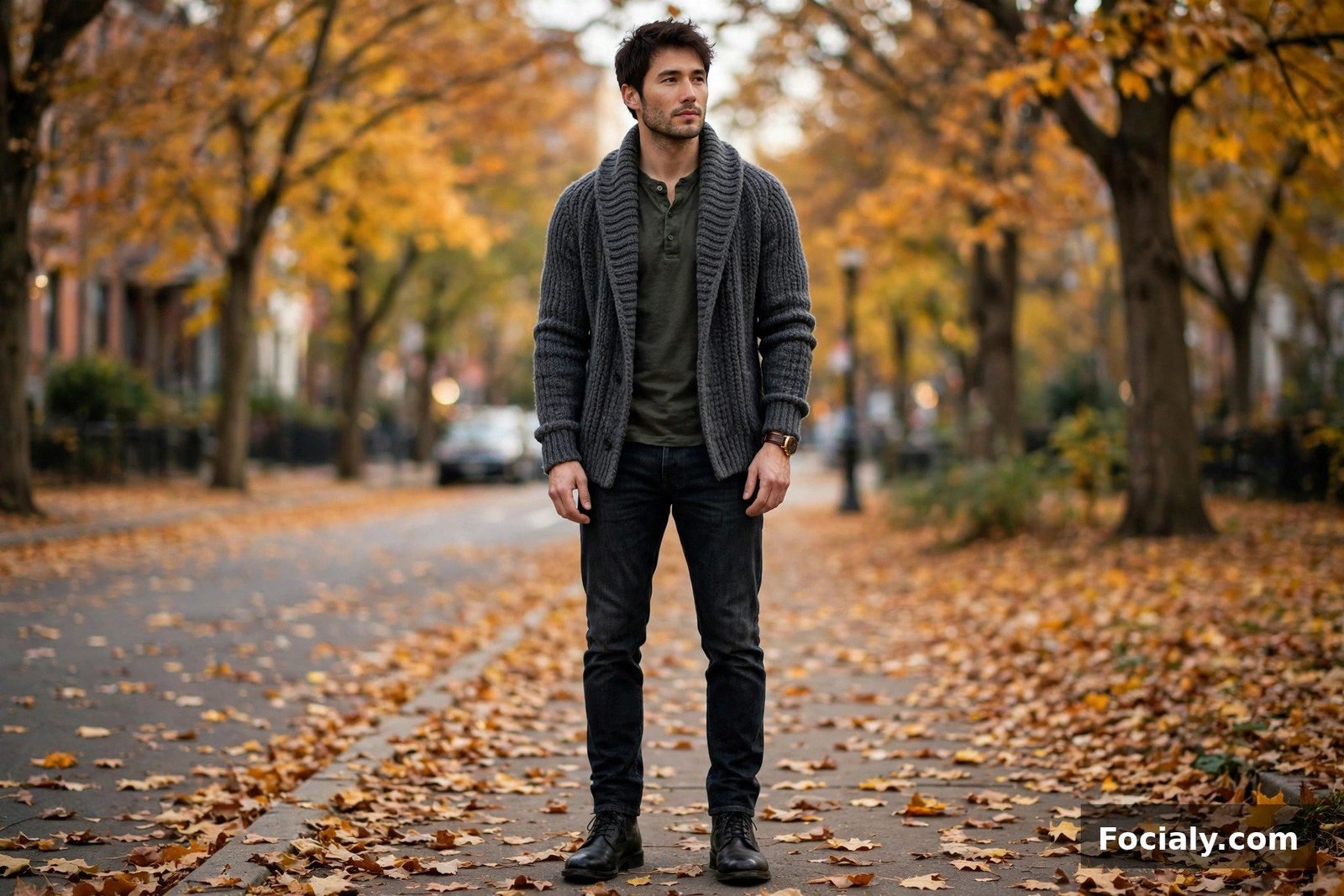 Man wearing a charcoal shawl collar cardigan over a henley with dark jeans