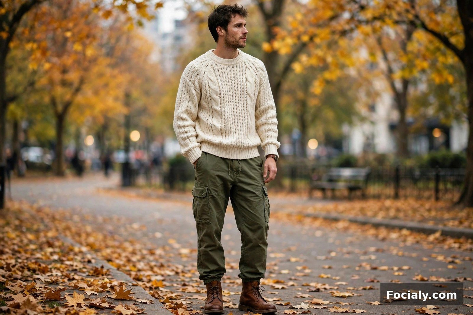 Man in olive cargo pants with a cream knit sweater and brown boots