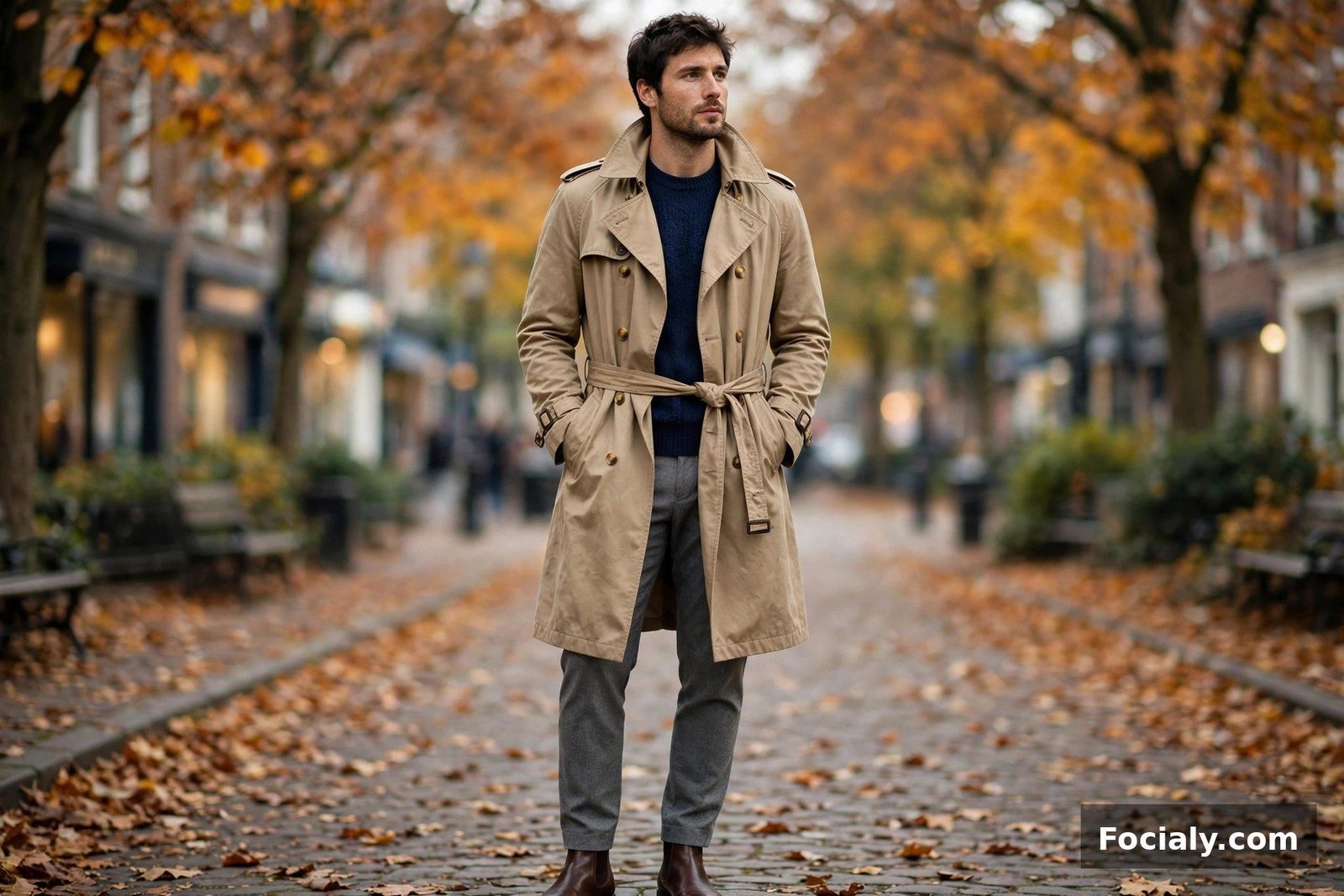 Man wearing a tan trench coat over a navy sweater with grey trousers
