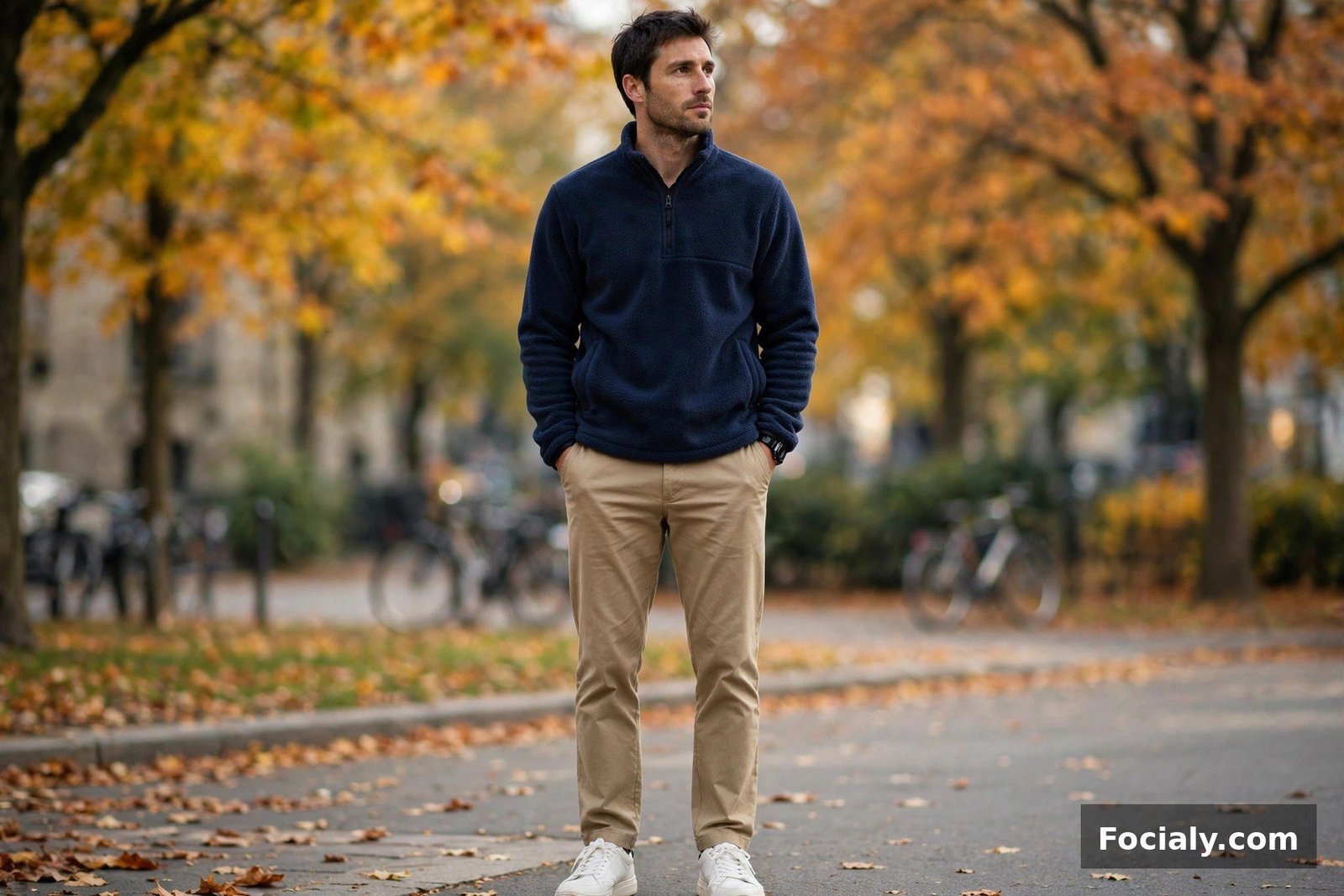 Man wearing a navy fleece half-zip pullover with khaki chinos and sneakers