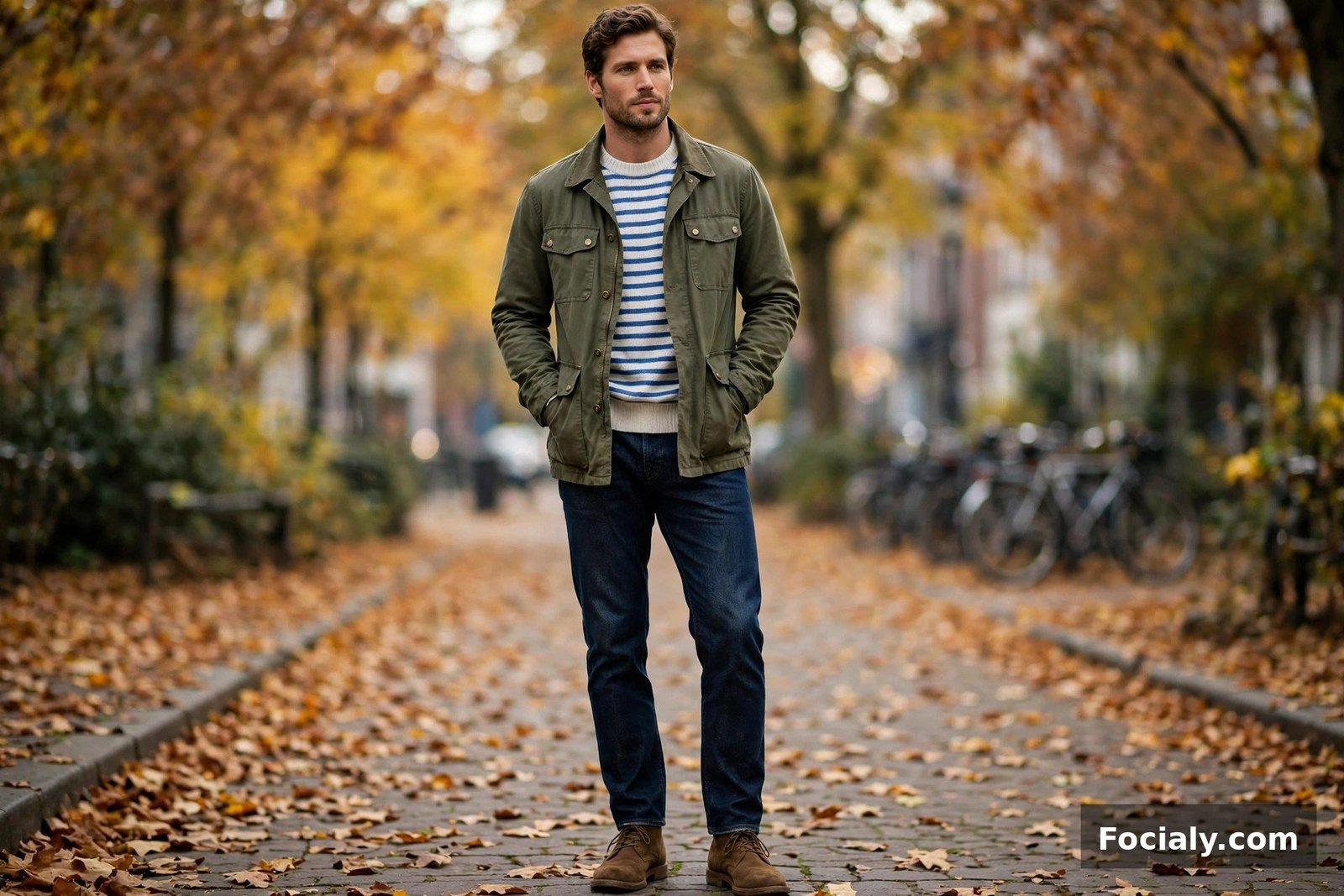 Man in a striped Breton sweater under an olive field jacket with jeans