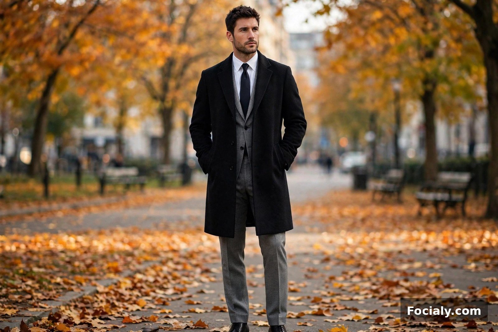 Man in a black overcoat over a grey suit with a white shirt and dark tie