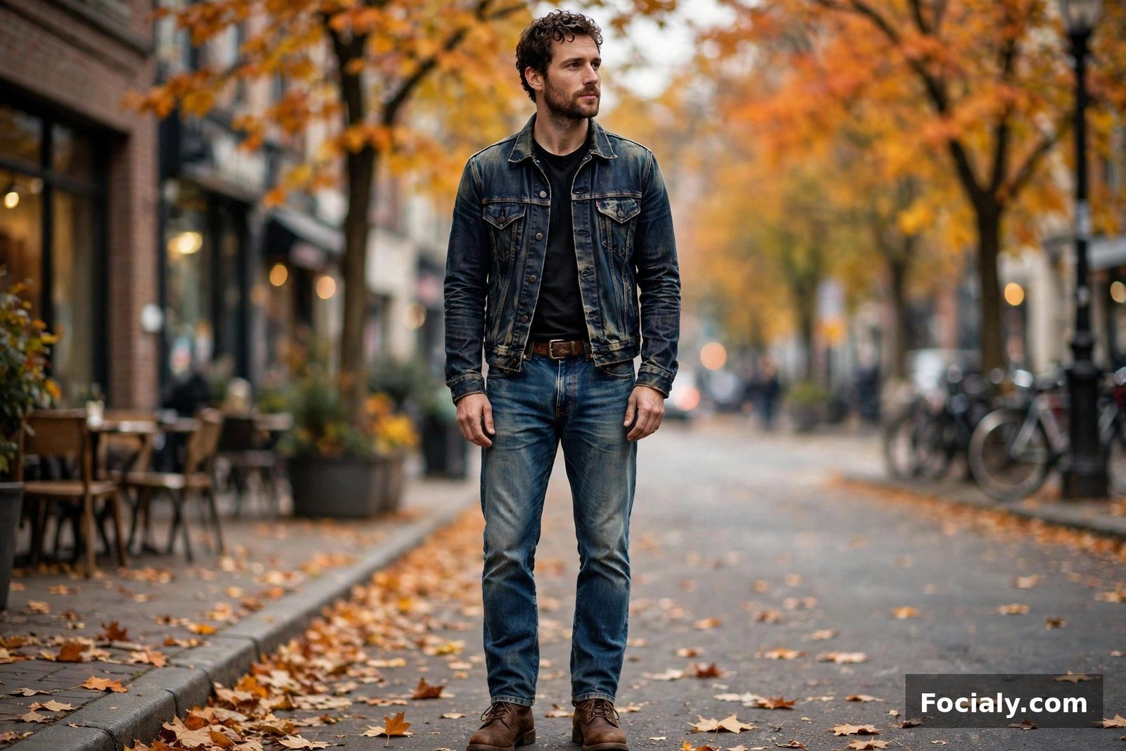 Man wearing a dark denim jacket with medium-wash jeans and brown boots