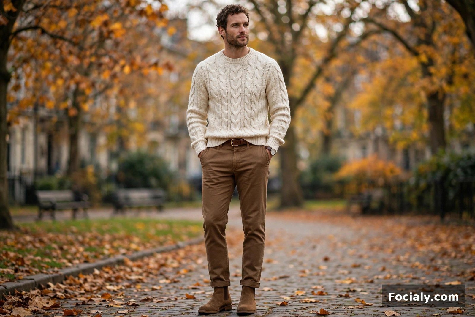 Man in a cream cable-knit sweater with brown chinos and suede boots