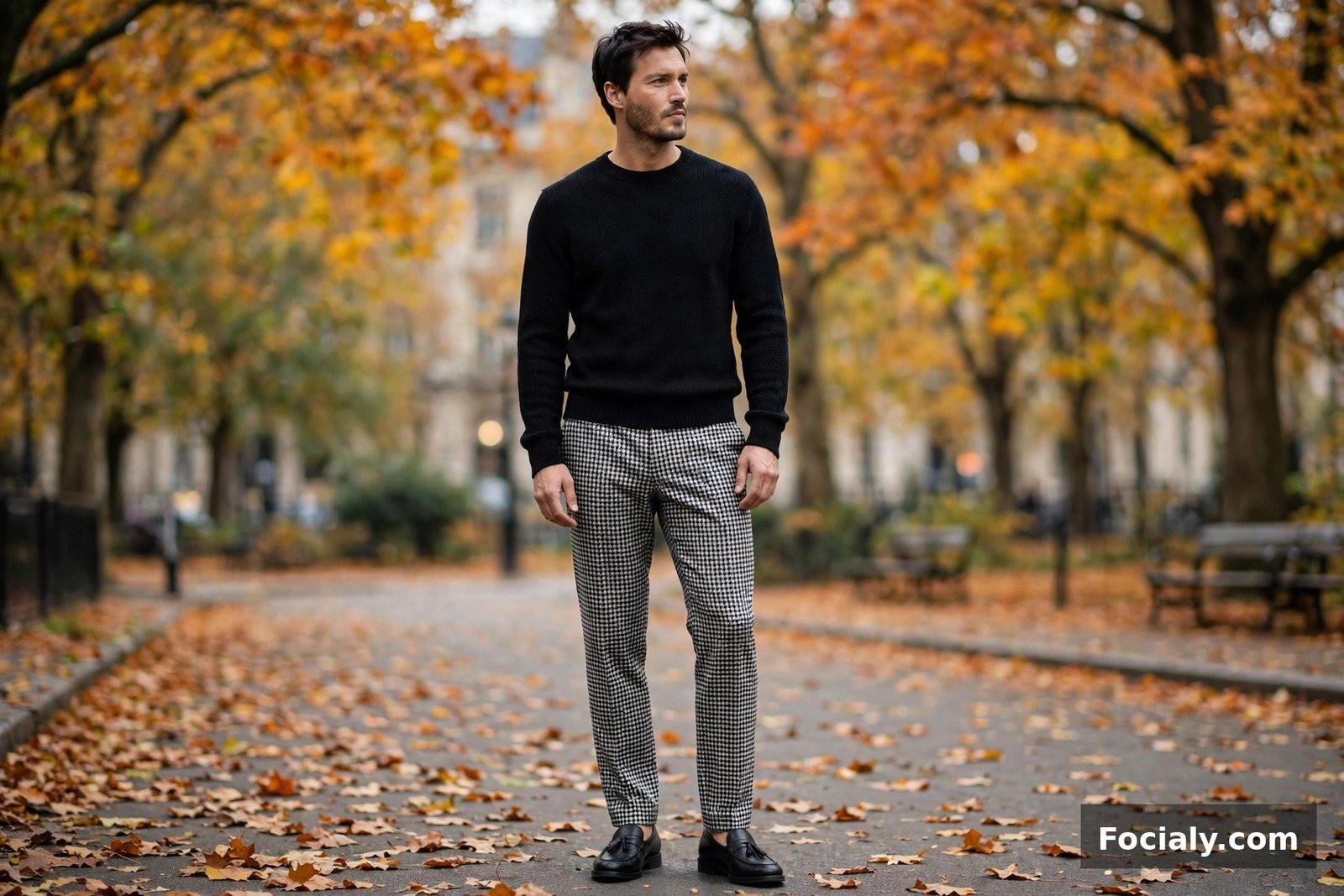 Man wearing houndstooth check trousers with a black knit sweater and loafers