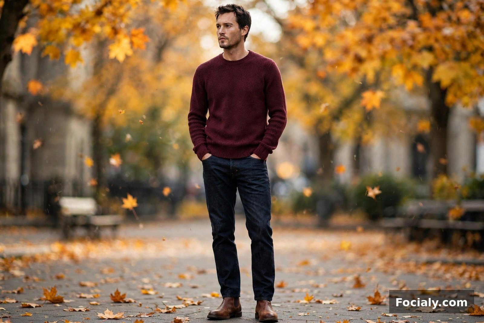 Man in a burgundy crew-neck sweater with dark jeans and brown Chelsea boots